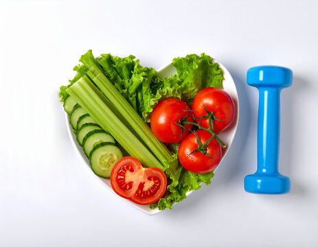 Plato con forma de coraz&oacute;n lleno de verduras frescas junto a una mancuerna azul, concepto de alimentaci&oacute;n saludable, ejercicio y bienestar, para campa&ntilde;as de vida sana, fitness, fit y salud