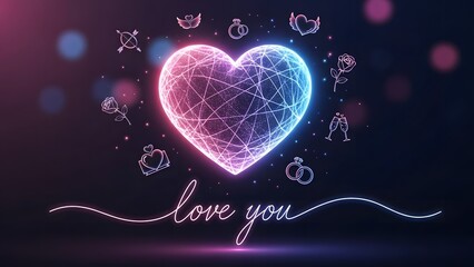 Luminous heart with glowing lines and romantic symbols on a dark background