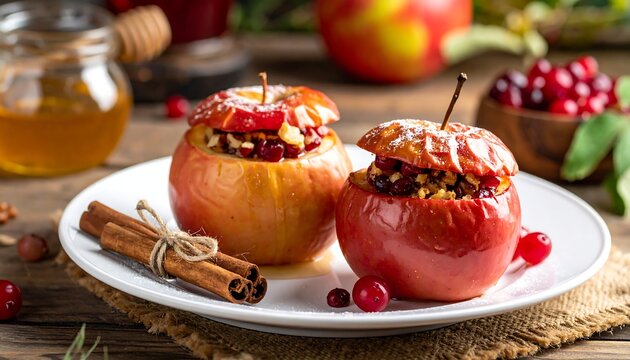 Festive Baked Apples with Cranberries and Cinnamon Sticks.