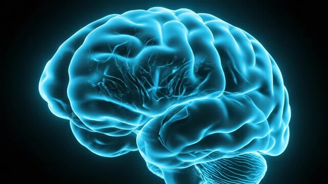 Abstract glowing blue human brain illustration against black background