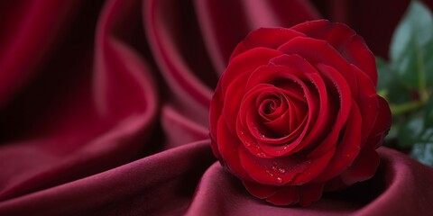 A beautiful red rose with water droplets on its petals on a red fabric background