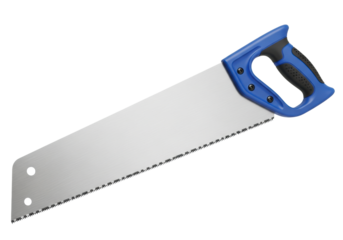 professional-grade panel hand saw featuring a sapphire blue ergonomic handle and polished steel blade, captured in ultra-detailed product photography against a transparent cutout background, concept