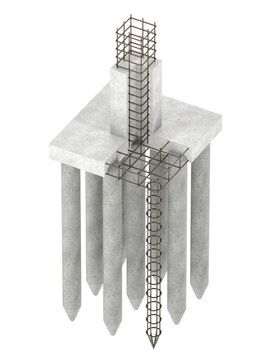 Pile Foundation with Reinforced Concrete Column and Rostverk &ndash; Structural Engineering Cutaway 3D Render Isolated on White
