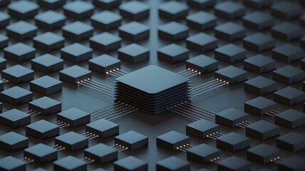 Central processing unit on grid of circuit blocks symbolizing data governance framework, policy control, compliance and secure data management.