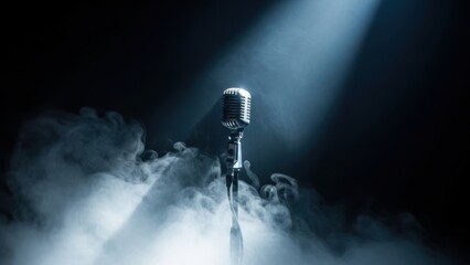 Vintage microphone in spotlight with fog for dramatic performance