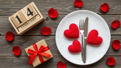 Romantic Valentine's Day setup with hearts on plate and gift