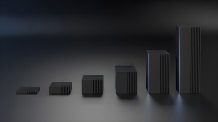 Gradient of server or office tower silhouettes increasing in size, symbolizing company size growth and scalability.