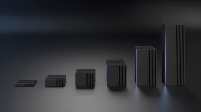 Gradient of server or office tower silhouettes increasing in size, symbolizing company size growth and scalability.
