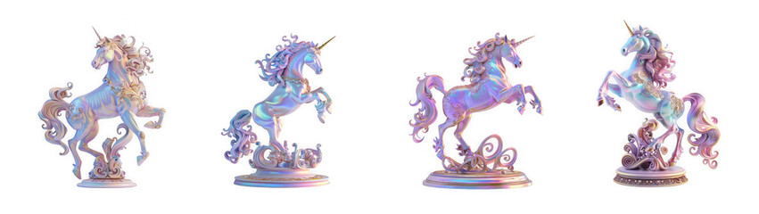Fototapeta premium Four iridescent unicorn statues in various poses displayed on pedestals creating a magical aesthetic on transparent background