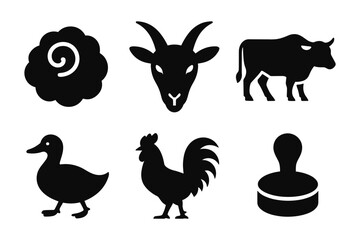 Silhouette farm animal icons: sheep, goat, cow, duck, rooster, stamp collection