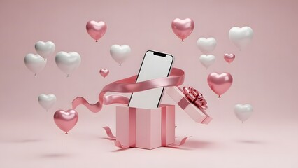 Smartphone emerging from a gift box surrounded by heart-shaped balloons, Valentine's Day concept.