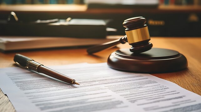 Judge's gavel and pen on legal documents in courtroom setting