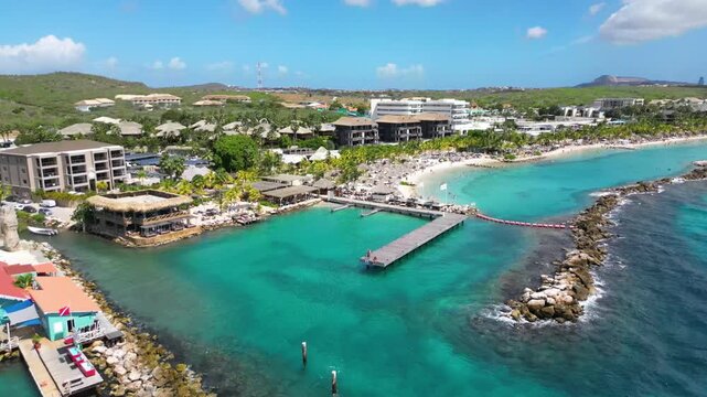 Aerial 4K Drone Footage of Mambo Beach from the Sea with Cura&ccedil;ao Landscape, Caribbean