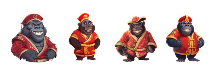 Four adorable cartoon gorillas wearing traditional red and gold outfits perfect for game design on transparent background