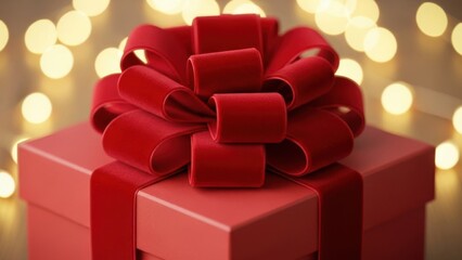 Beautifully wrapped red gift box with elegant bow and warm glowing lights