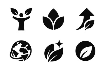 Eco icons set: growth, sustainability, nature symbols in silhouette style