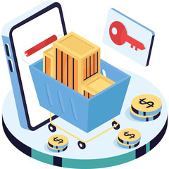 Online Shopping Cart with Products, Coins, and Key Icon