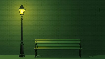 Lonely streetlamp shining bright on empty bench at night