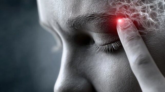 Cluster Headache,  art depicting a head with intense, stabbing pain