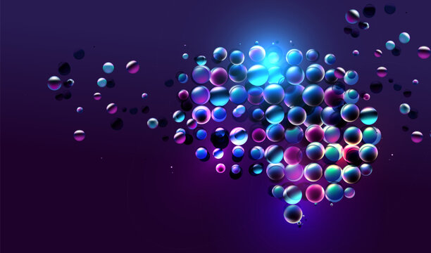 Brain made of 3d light balls vector background. AI technology concept. Science medical memory or psychology banner.