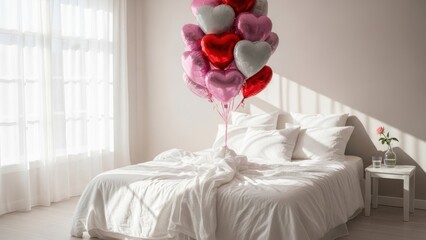 Romantic bedroom setup with heart balloons and white linens