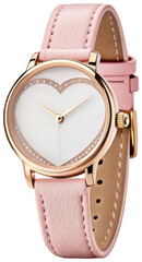 A sleek and modern wristwatch featuring a circular, rose gold plated dial with minimalist hour markers, a delicate heart-shaped cutout at the six o'clock, isolated on transparent background.