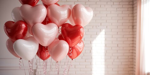A cluster of red, pink and white heart shaped balloons tied together indoors