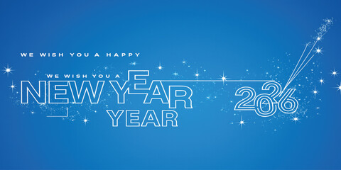 We wish you Happy New Year 2026 line design shiny glitter sparkler firework open champagne 2026 new year eve white blue vector wallpaper  banner greeting card