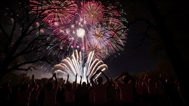 Vibrant fireworks explode above a crowd of people gathered in a park at night with trees silhouetted against the colorful display