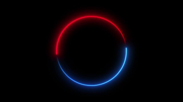 A glowing red blue neon circle frame on a black background. Modern futuristic light border design suitable for video overlays, gaming intros, technology visuals, and digital motion graphics projects.
