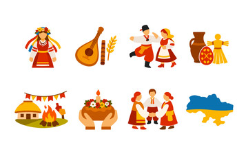 Fototapeta premium Set of Ukrainian folk culture icons with traditional costumes, dancers, musical instrument, wheat, pottery, bonfire, family, and map silhouette