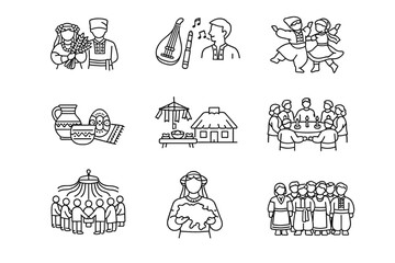 Obraz premium Line art set of traditional folk culture scenes with music, dancing, family gathering, village homes, celebration, and community ceremony icons