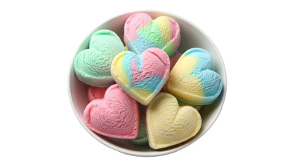 Colorful heart shaped marshmallows in bowl isolated on black background for valentine's day treat
