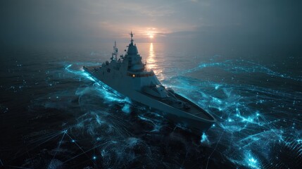 Modern naval ship at sea with abstract elements