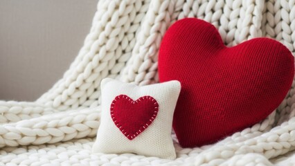 Cozy heart shaped pillows on a soft white knitted blanket