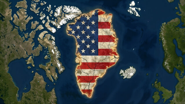 American flag overlay on Greenland map showing US territorial expansion interest over Danish Arctic region concept. 