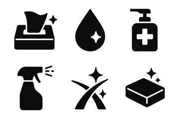 Essential cleaning and hygiene icons: flat black and white silhouettes