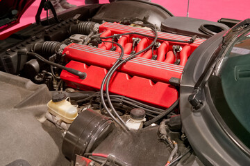 Close view of a car engine showing details of the red intake manifold and surrounding components at an auto show