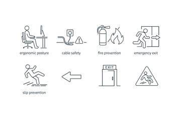 Fototapeta premium Workplace safety line icons set showing ergonomic posture, cable hazard warning, fire prevention equipment, emergency exit direction, and slip prevention