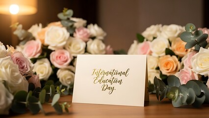 A bouquet of flowers with a heartfelt greeting card of international education day