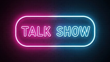 Vibrant neon sign reading Talk Show on brick wall background