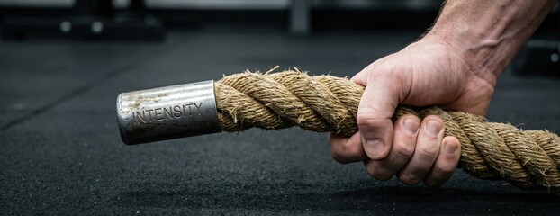 Closeup of a mans hand gripping a thick, textured battle rope with INTENSITY engraved on the metal end, in a gym setting Concept of strength, determination, and fitness