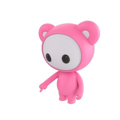 Fototapeta premium Cute 3D render Little Pink Monster character pointing down at the ground in front, indicating or highlighting something, friendly mascot style, isolated on white background.
