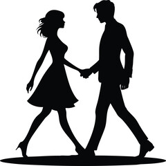 Silhouette couple holding hands walking together in formal attire representing romance and partnership isolated on white background