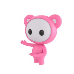 Fototapeta premium Cute 3D render Little Pink Monster character presenting with both hands to the side, friendly and welcoming mascot style, isolated on white background.