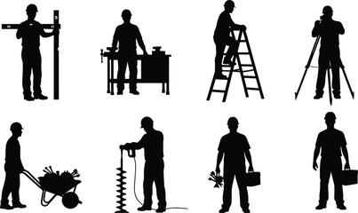 Silhouette sequence of construction workers performing diverse tasks with tools, ladders, wheelbarrows, surveying equipment, showcasing dynamic building industry illustration © Irin Akter