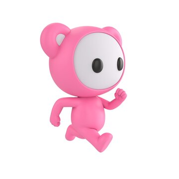 Cute 3D render Little Pink Monster character running energetically, dynamic and playful mascot style, isolated on white background.