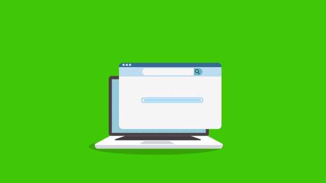 Minimal laptop illustration with a browser window and progress bar on a green screen background, designed for chroma key replacement, web loading mockups, and customizable UI content. Clean flat desig