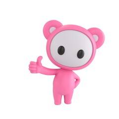 Obraz premium Cute 3D render Little Pink Monster character giving a thumbs up with one hand while the other hand rests on the hip, confident and friendly mascot style, isolated on white background.