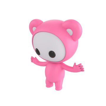 Cute 3D render Little Pink Monster character standing still and reacting with surprise to something in front, shocked and expressive mascot style, isolated on white background.
